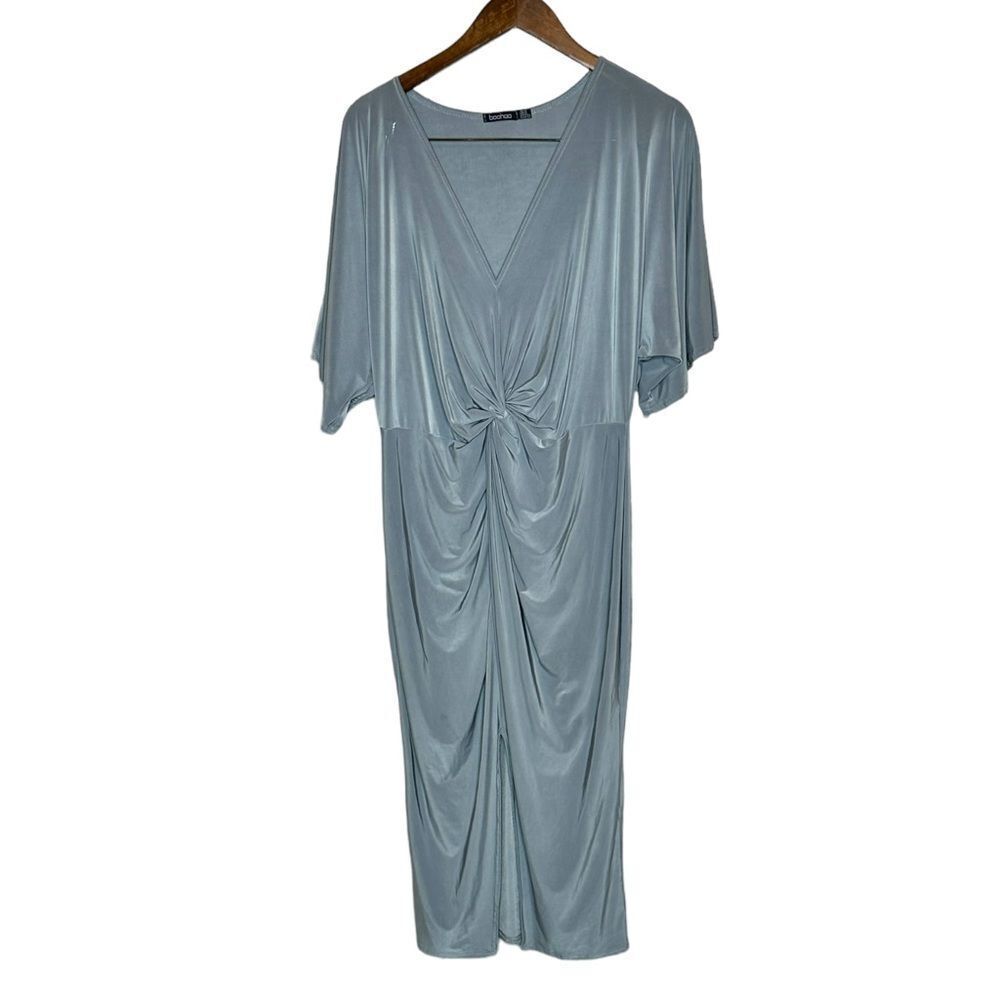 Boohoo silvery grey blue dress stretch pull on v neck size 12